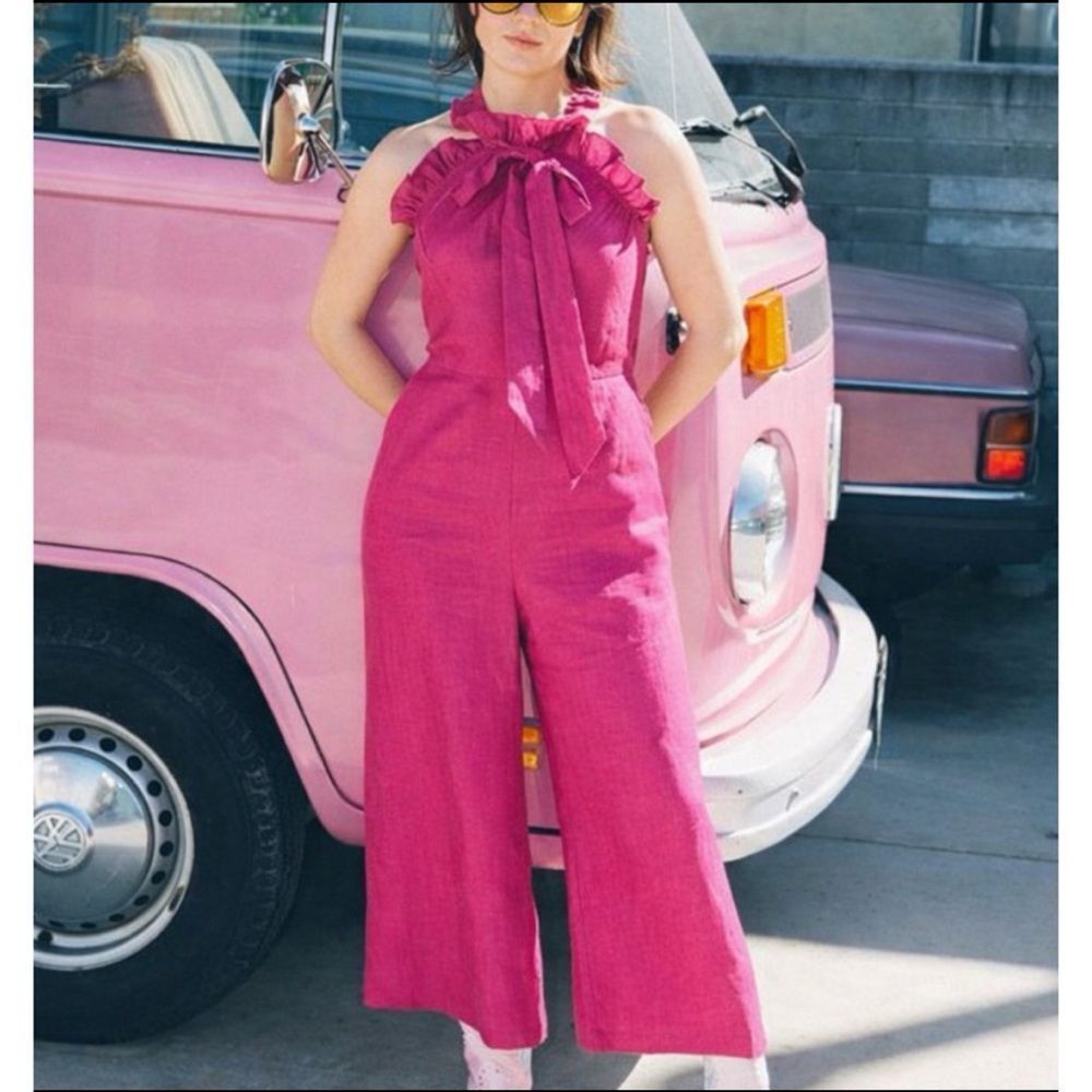 Kristinit Arabesque Linen 
Elegant Halter Jumpsuit in Fuchsia Size S~ NWOT